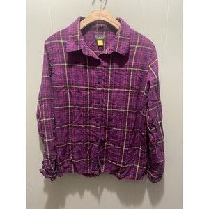 Cabelas Womens L Flannel Shirt Button Pink Purple Plaid Long Sleeve Cotton